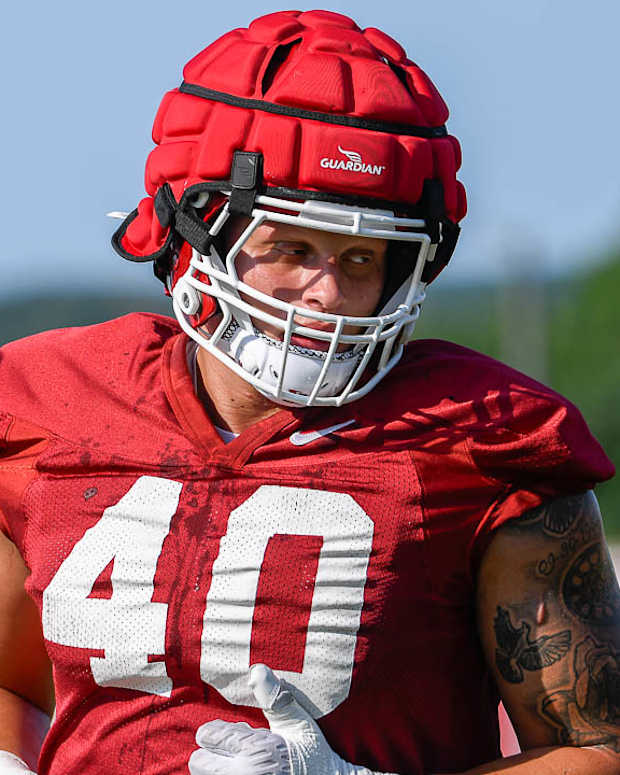 Razorbacks defensive lineman Landon Jackson during Friday morning's practice on the outdoor fields